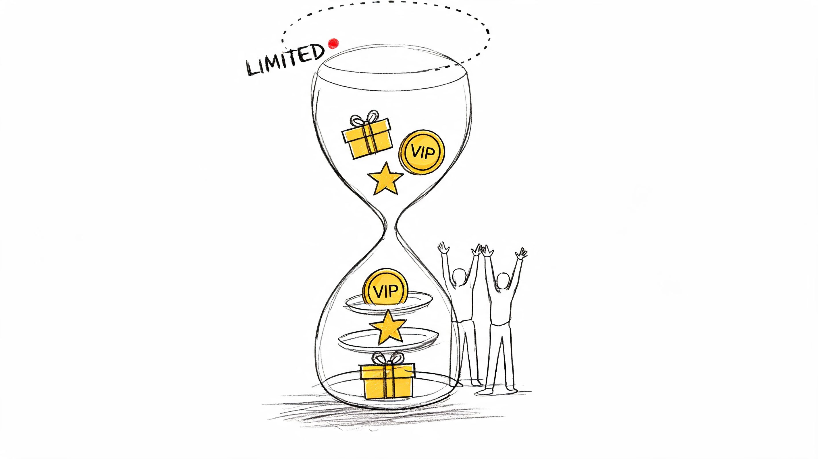 A line drawing of an hourglass containing floating VIP coins, stars, and gift boxes with cheering people.