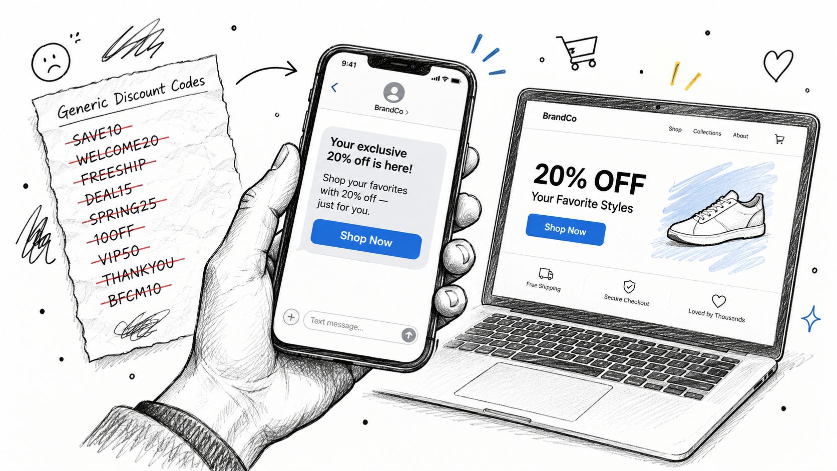 A hand holding a smartphone displaying an exclusive text message discount next to a laptop screen.