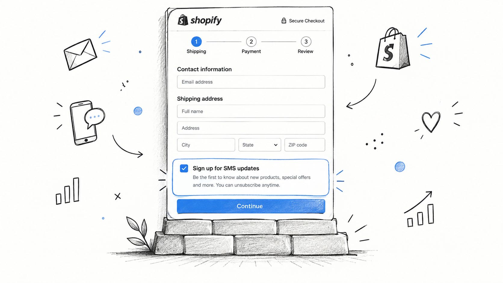 Screenshot from https://via.placeholder.com/1200x800?text=Shopify+Checkout+SMS+Opt-in+Block