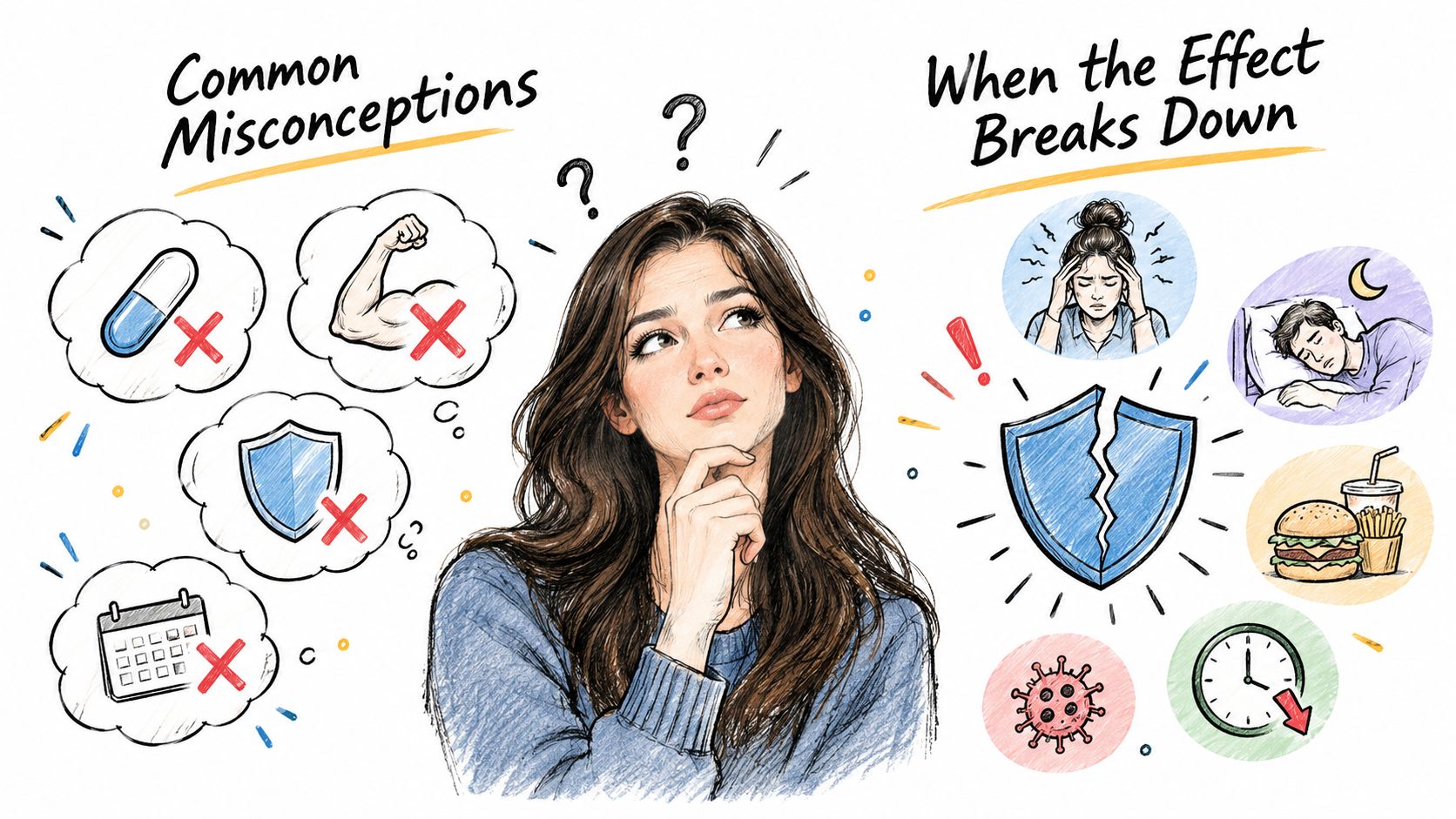 A woman thinking about common misconceptions versus the negative impacts when the endowment effect breaks down.