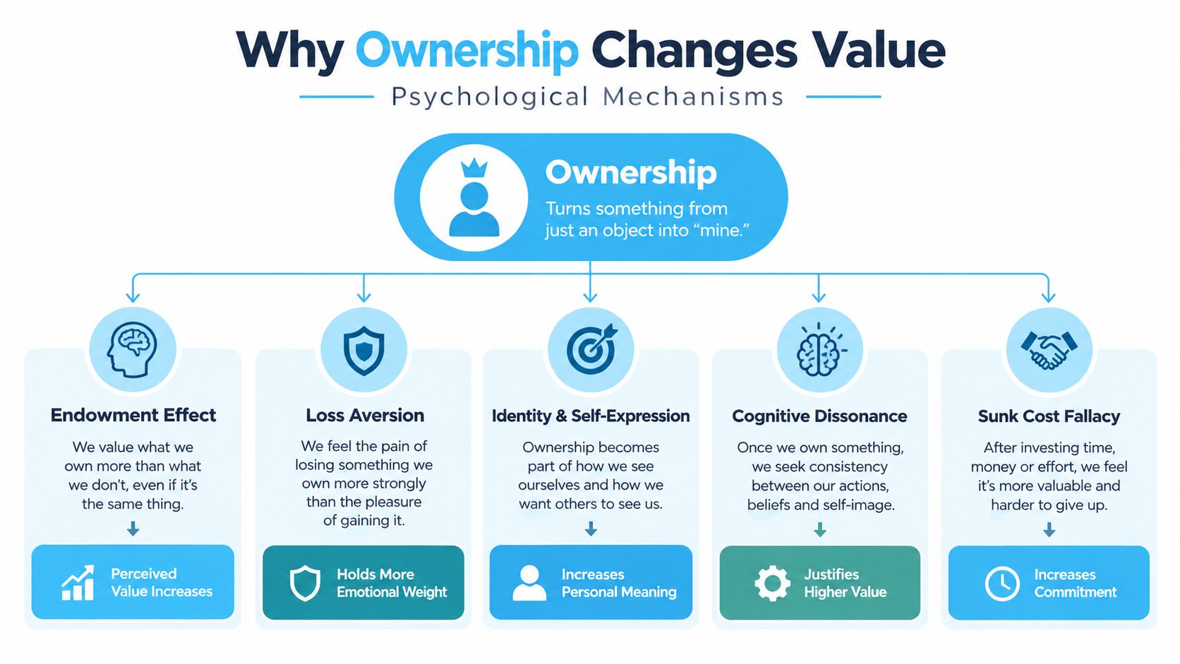 An infographic titled Why Ownership Changes Value showing five psychological mechanisms that influence how we perceive value.