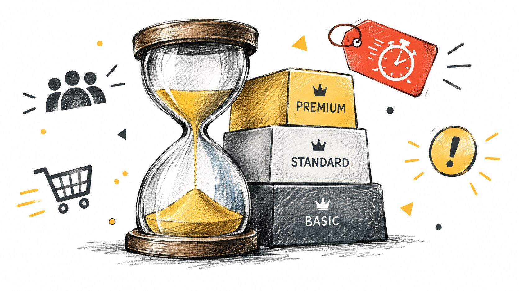 A hand-drawn illustration showing an hourglass next to a tiered list for Basic, Standard, and Premium options.
