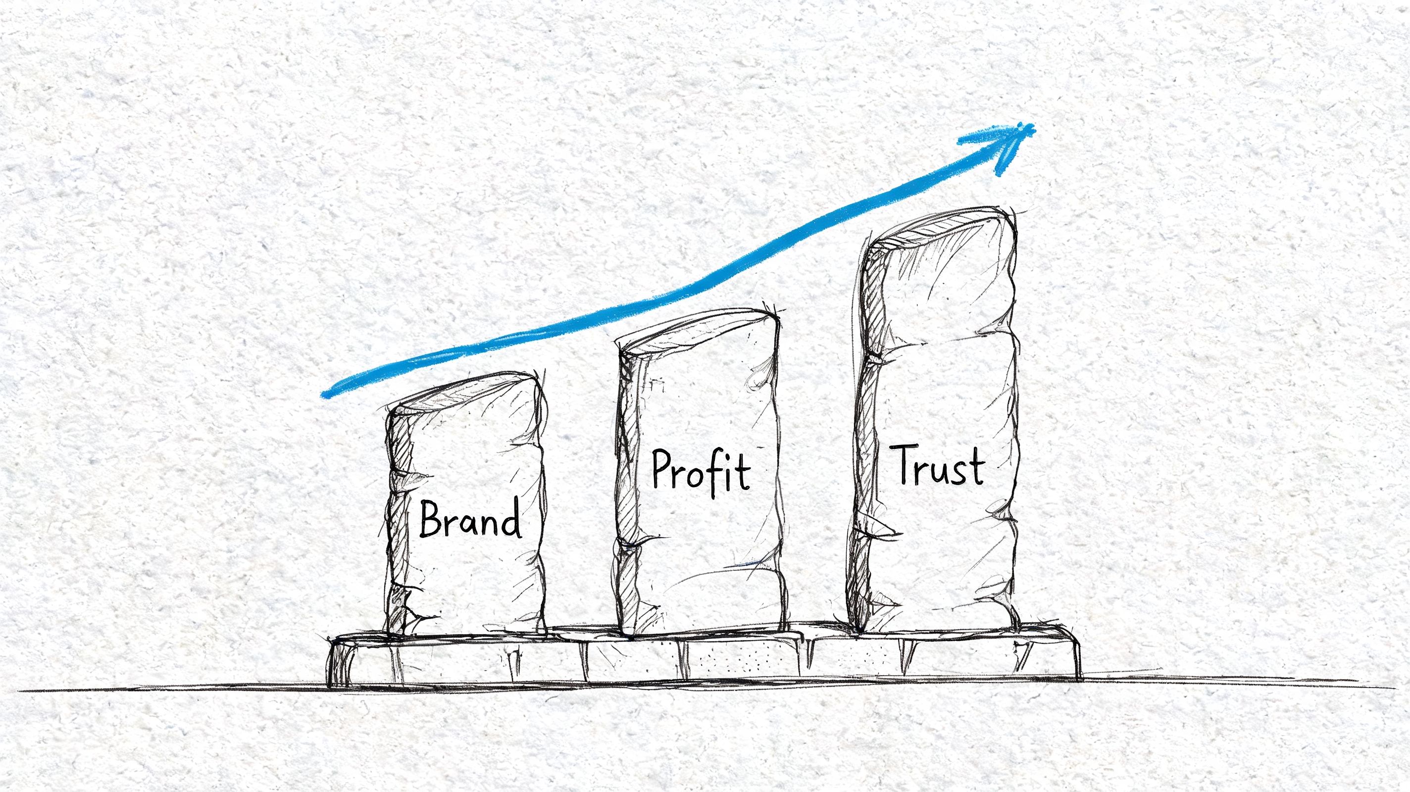 A hand-drawn illustration showing three stone pillars labeled Brand, Profit, and Trust with an upward trending arrow.