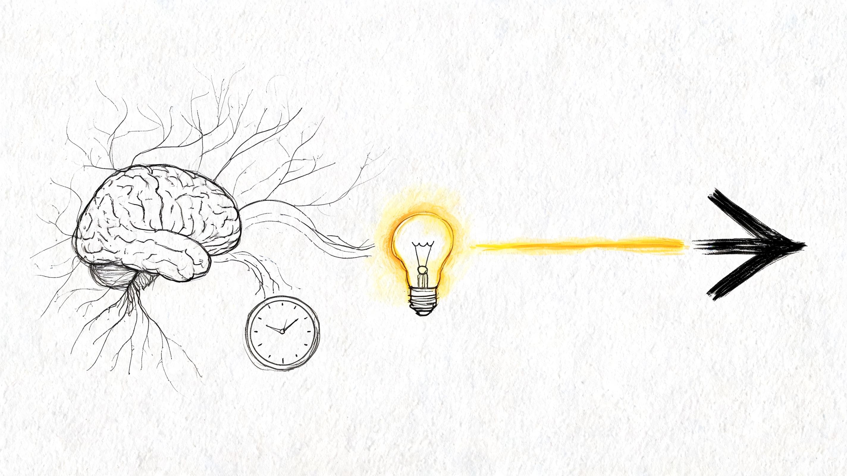 A hand-drawn sketch showing a human brain connected to a lightbulb and an arrow, representing creative thinking.