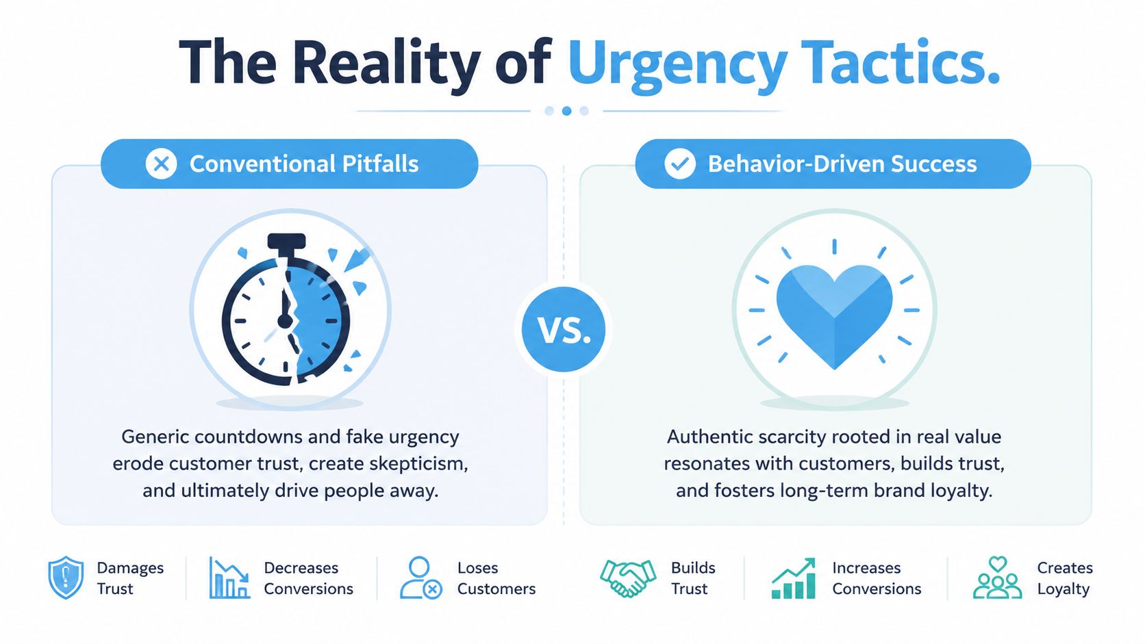 A comparison chart showing how fake urgency tactics damage trust versus authentic scarcity building brand loyalty.