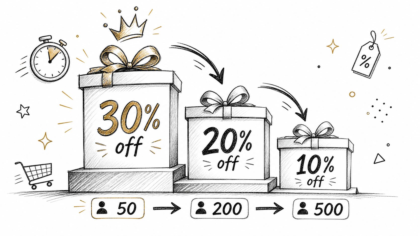 A hand-drawn illustration showing tiered discount levels of thirty, twenty, and ten percent off with participant thresholds.