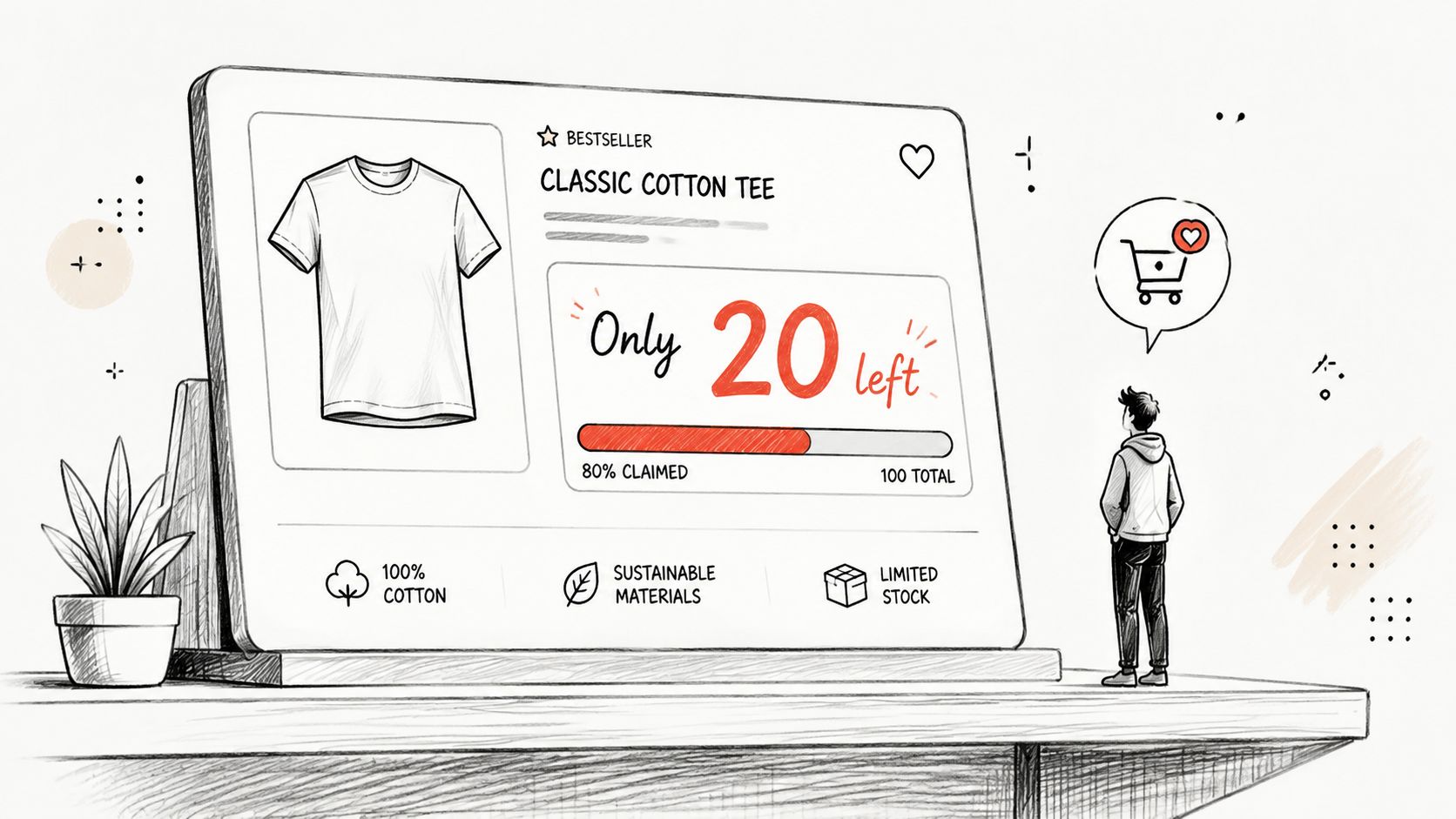 A digital sketch of an online clothing store showing urgency tactics like limited stock for a t-shirt.