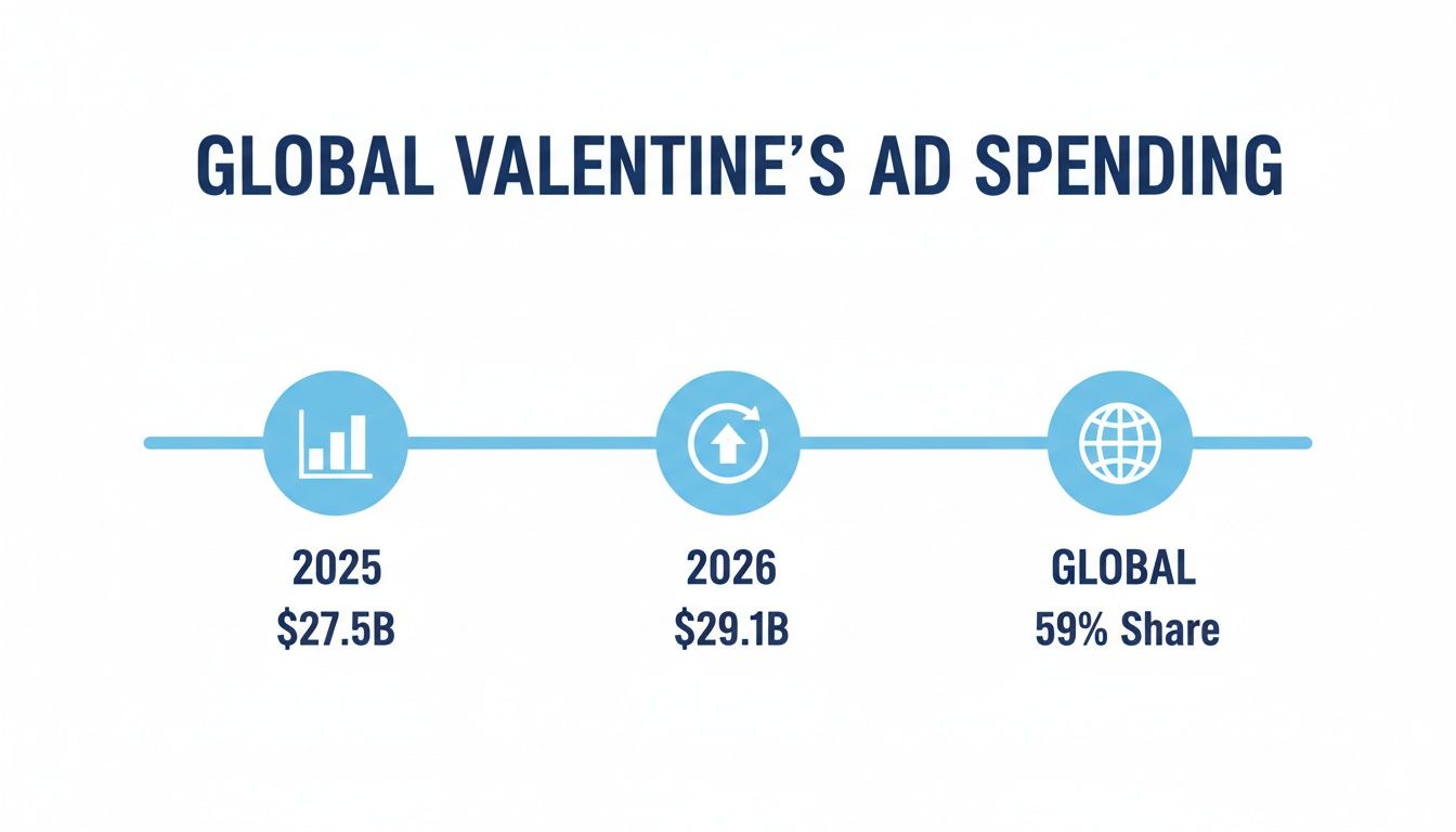 Infographic displaying global Valentine's Day ad spending forecasts: $27.5B in 2025, $29.1B in 2026, and 59% global share.