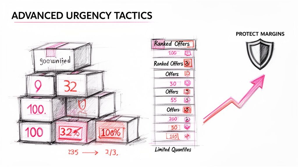 A sketch illustrating advanced urgency tactics with stacked boxes, limited offers, and an arrow for protecting margins.