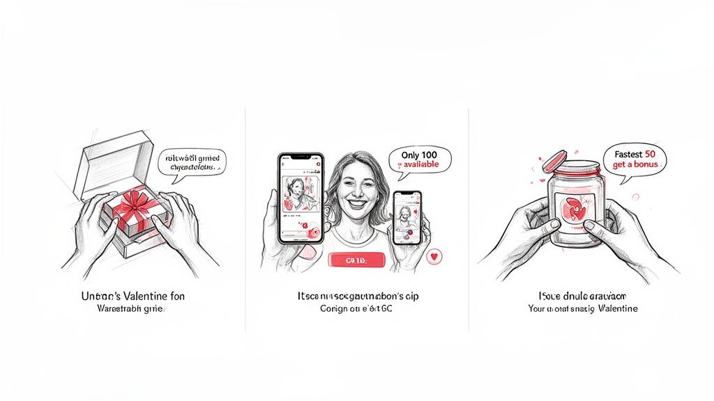 Three illustrations of Valentine's Day promotions: a gift box, mobile app, and bonus offer jar.