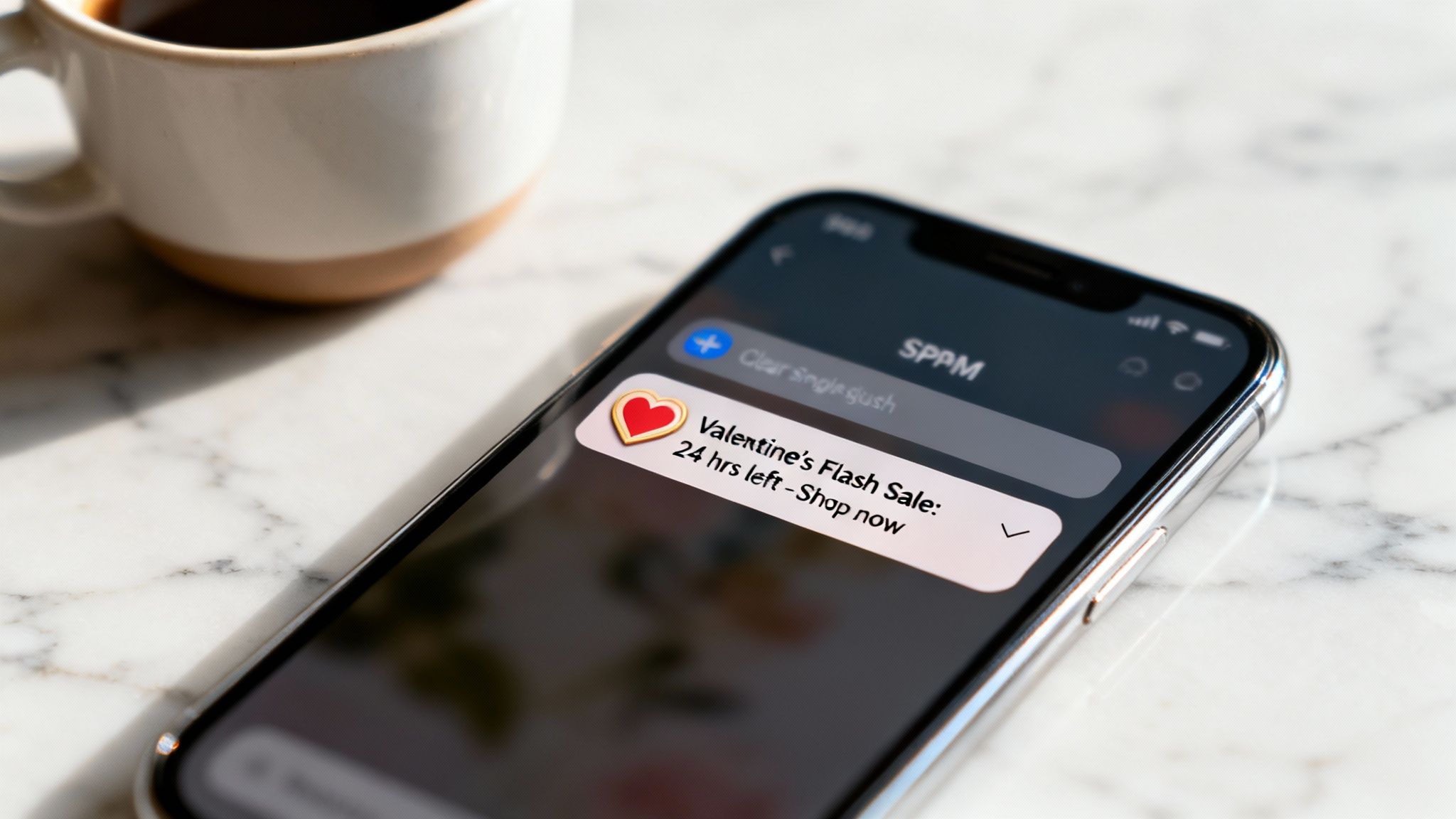 A hand taps a smartphone displaying a Valentine's Day flash sale with a gift box, rose, and countdown.