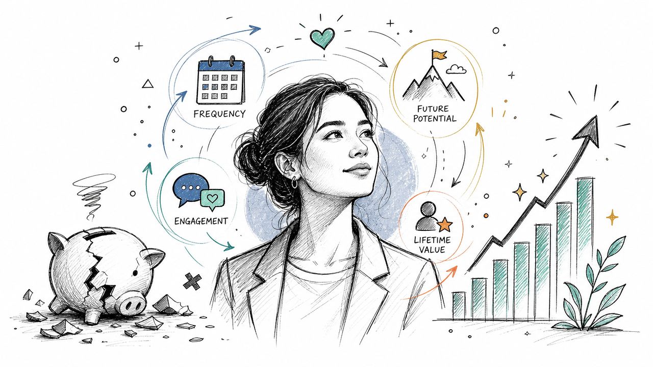 A professional woman envisioning future growth and customer value, depicted through financial and marketing sketches.