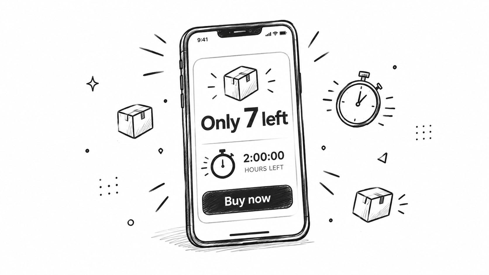 A hand-drawn sketch of a smartphone displaying an urgent limited-time sale countdown and low inventory alert.