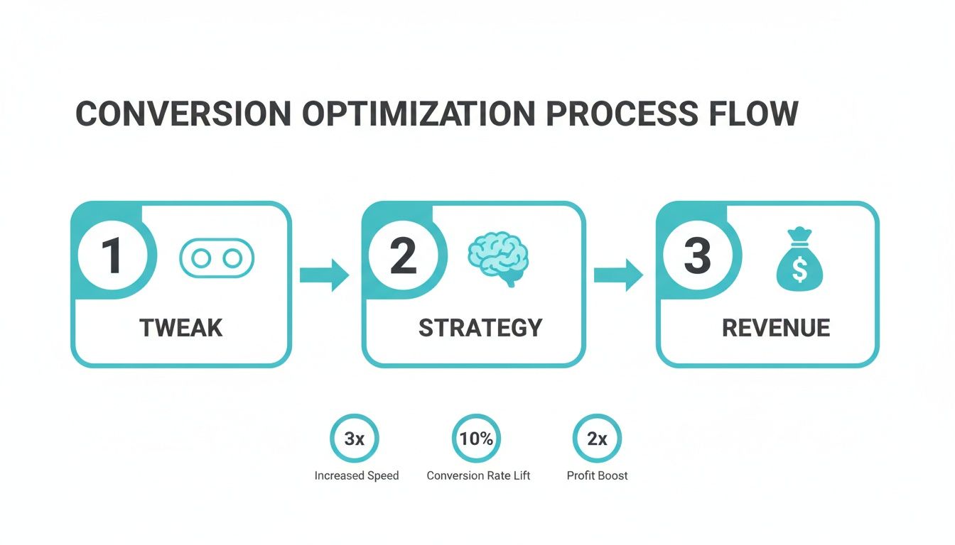 Conversion optimization process flow showing steps for tweak, strategy, and revenue, with benefits.