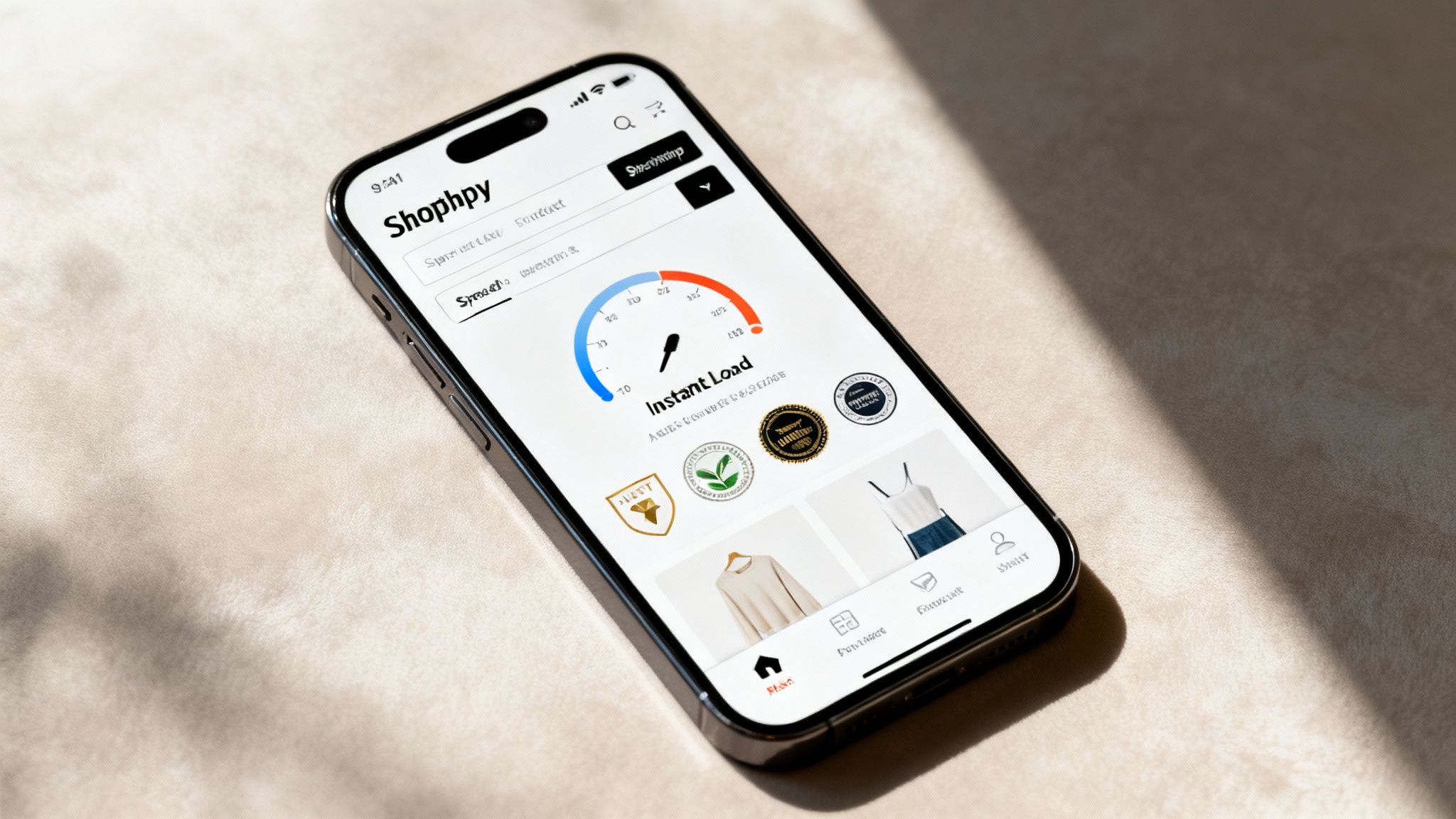 A smartphone displays the 'Shophpy' shopping app with an 'Instant Load' gauge and clothing items.