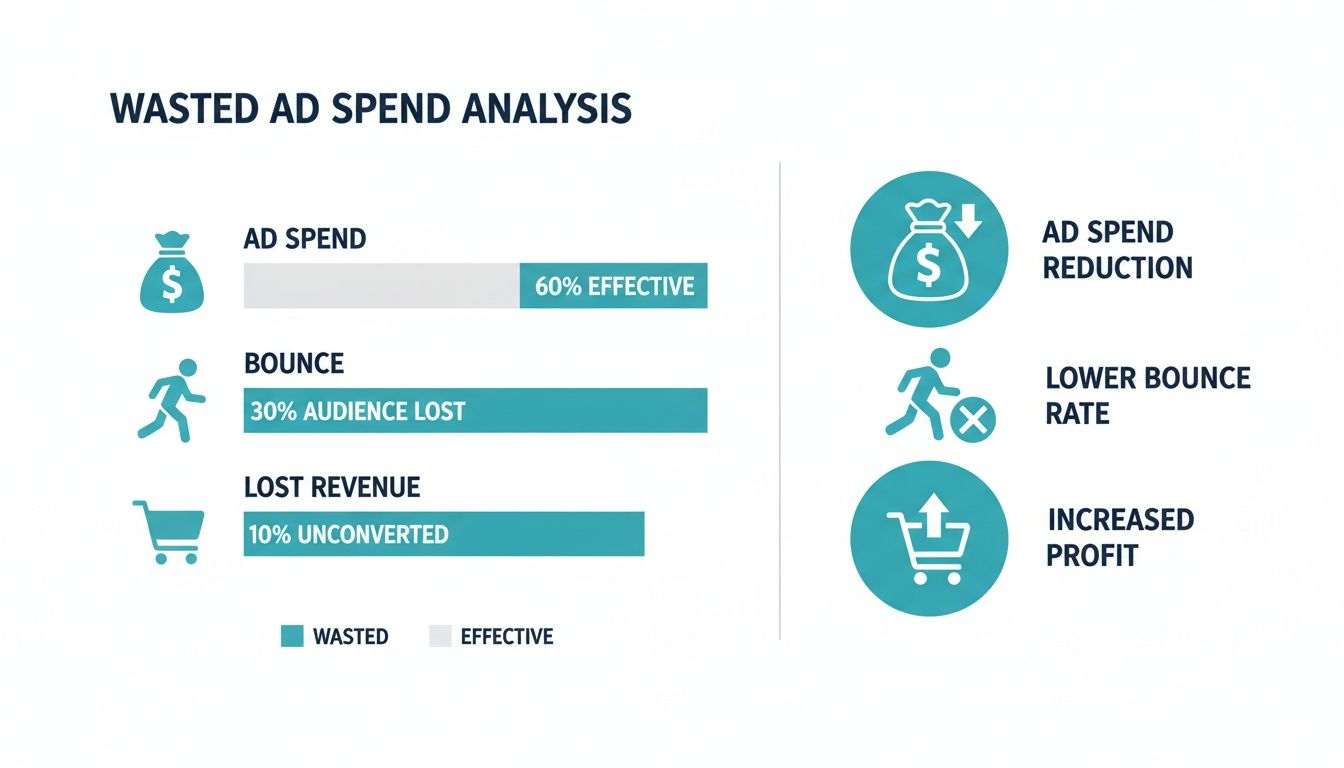 Infographic showing wasted ad spend, bounce rate, and lost revenue analysis, leading to ad spend reduction and increased profit.