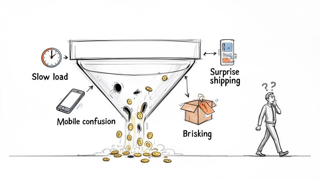 Illustration of a sales funnel losing money due to slow load, mobile confusion, and hidden shipping costs.