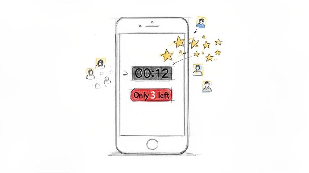 A hand-drawn sketch of a smartphone displaying a countdown timer and a 'Only 3 left' button.