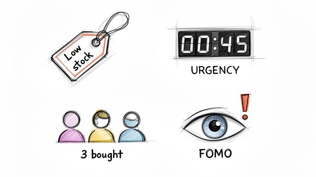 A visual representation of marketing tactics including low stock, urgency, social proof, and FOMO.