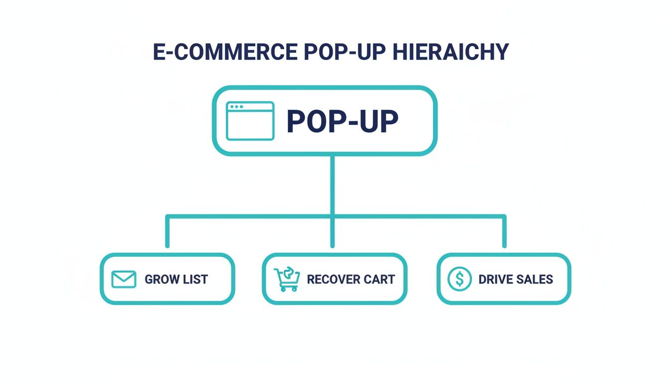 A diagram illustrating the E-commerce Pop-Up Hierarchy, showing pop-ups used for growing lists, recovering carts, and driving sales.