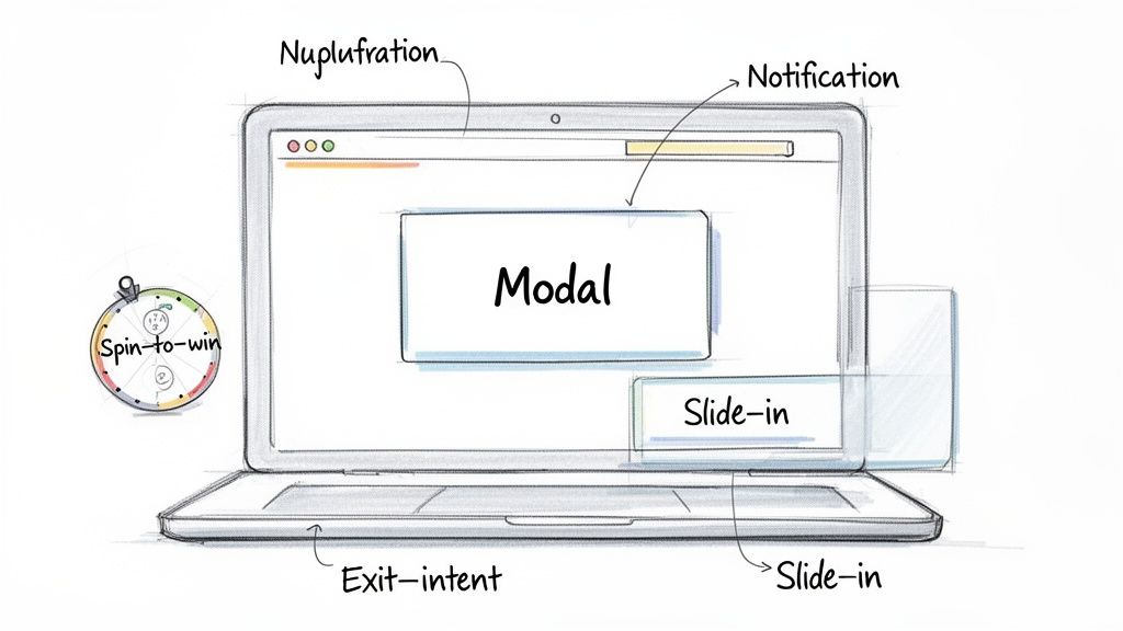 A sketch of a laptop displaying various web pop-up types like modal, slide-in, notification, spin-to-win, and exit-intent.
