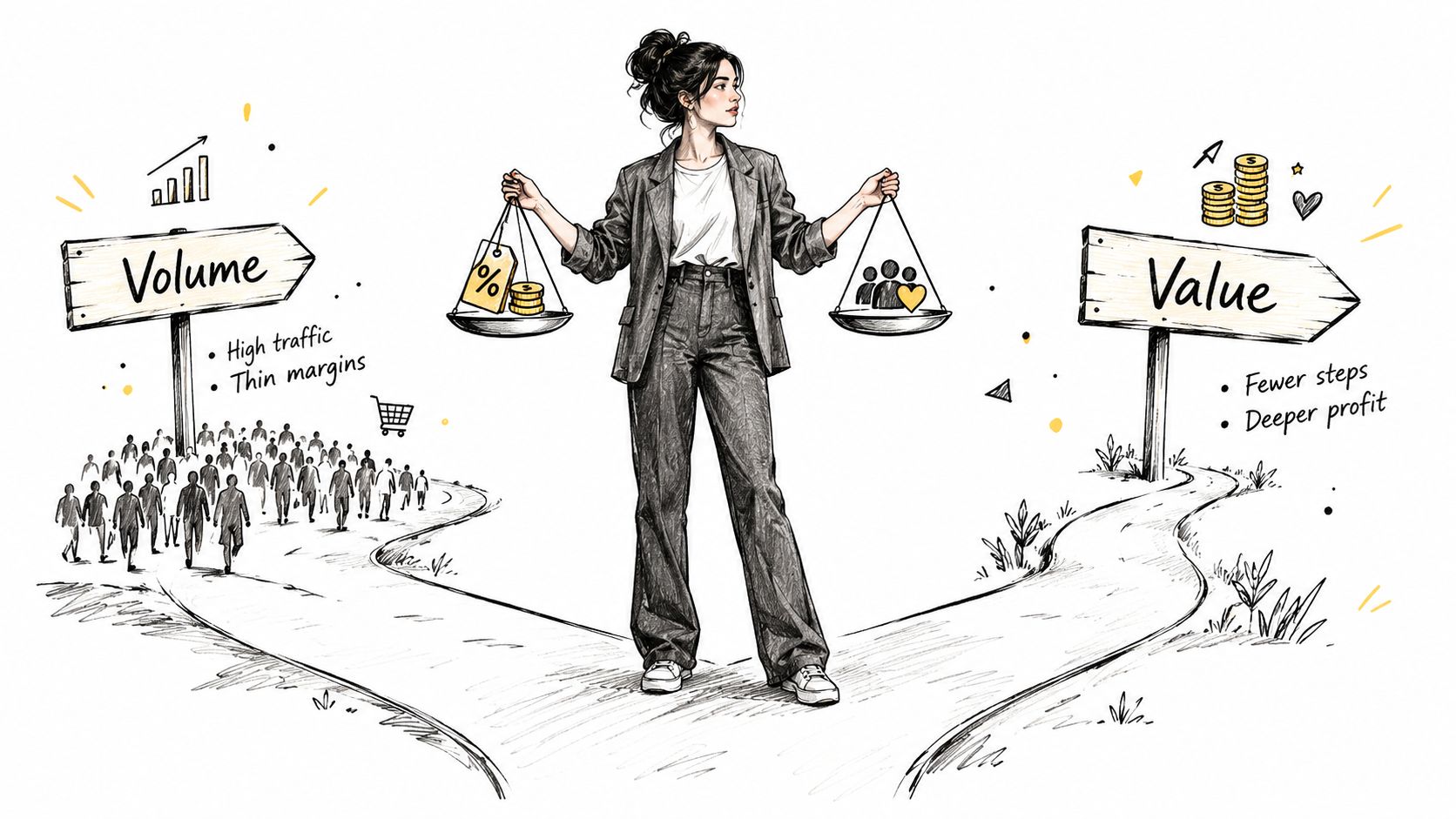 A businesswoman balancing volume, represented by high traffic, and value, represented by deeper profit on a scale.