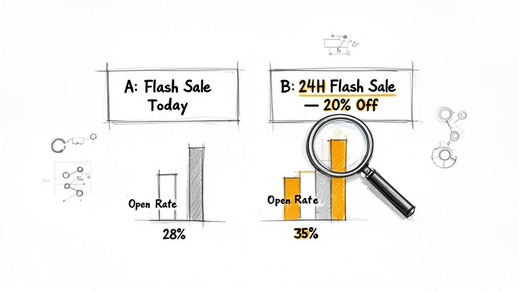 An A/B test visually comparing email subject lines and their differing open rates shown in bar charts.