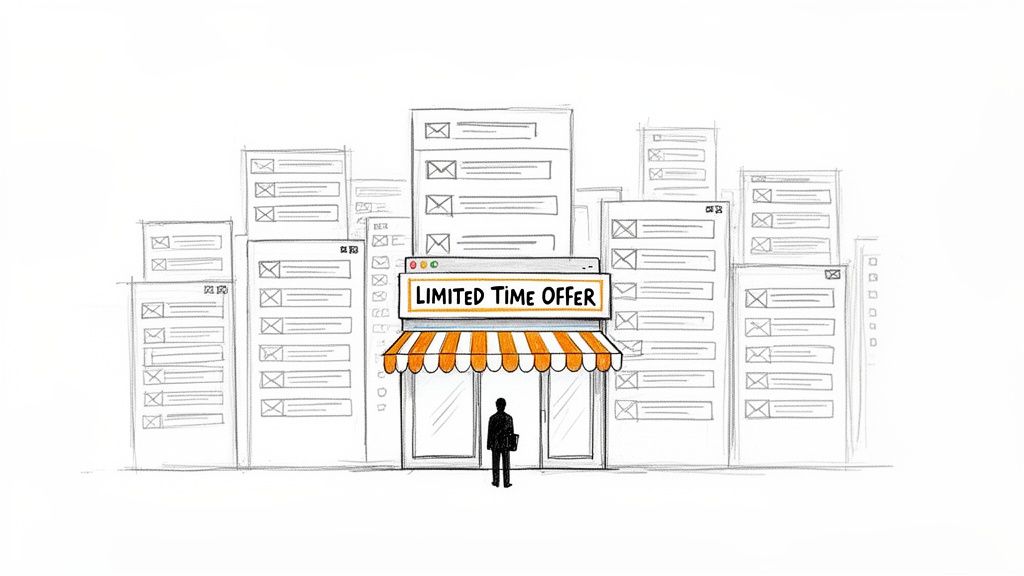 Sketch of a person in front of a store with a 'Limited Time Offer' banner, surrounded by email message templates.