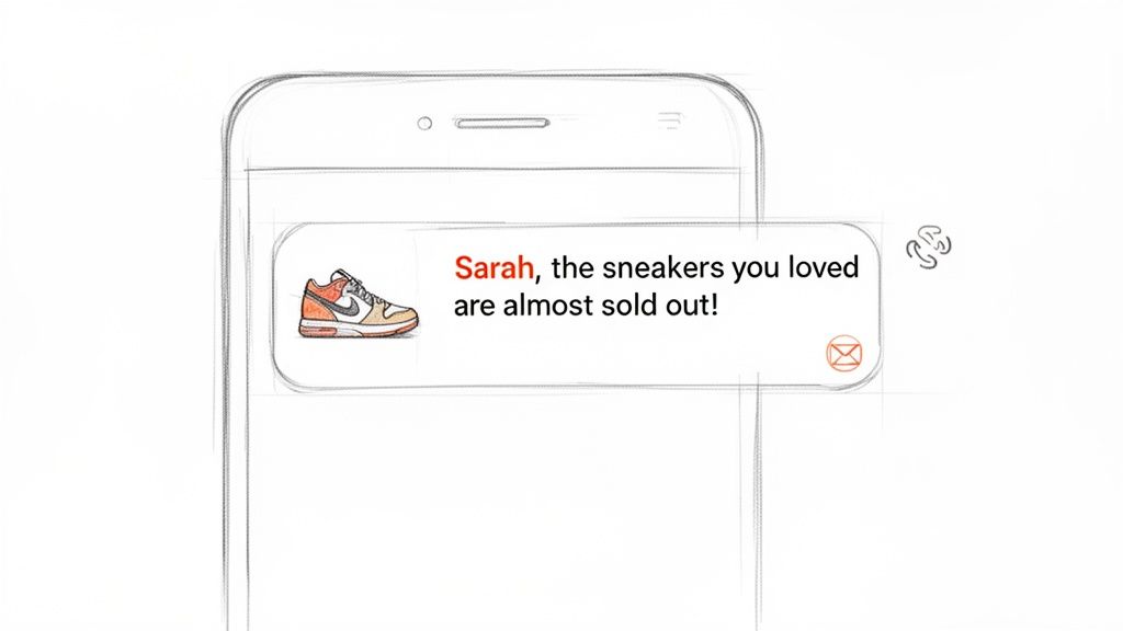 Hand-drawn smartphone sketch showing an urgent notification for 'Sarah' about sneakers almost sold out.