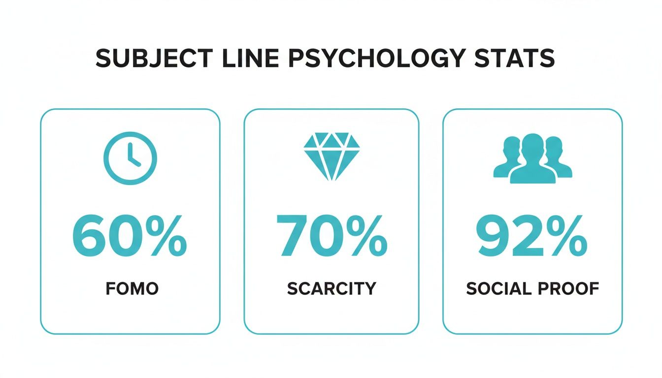 Infographic displaying subject line psychology stats: 60% FOMO, 70% scarcity, and 92% social proof.