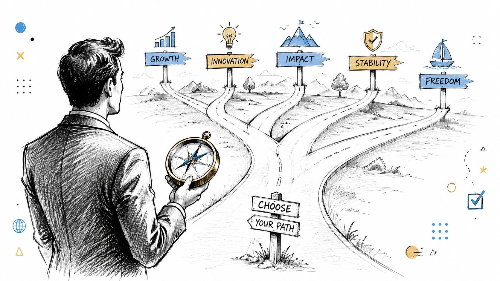 A businessman holding a compass standing before five divergent paths representing career and life choices.
