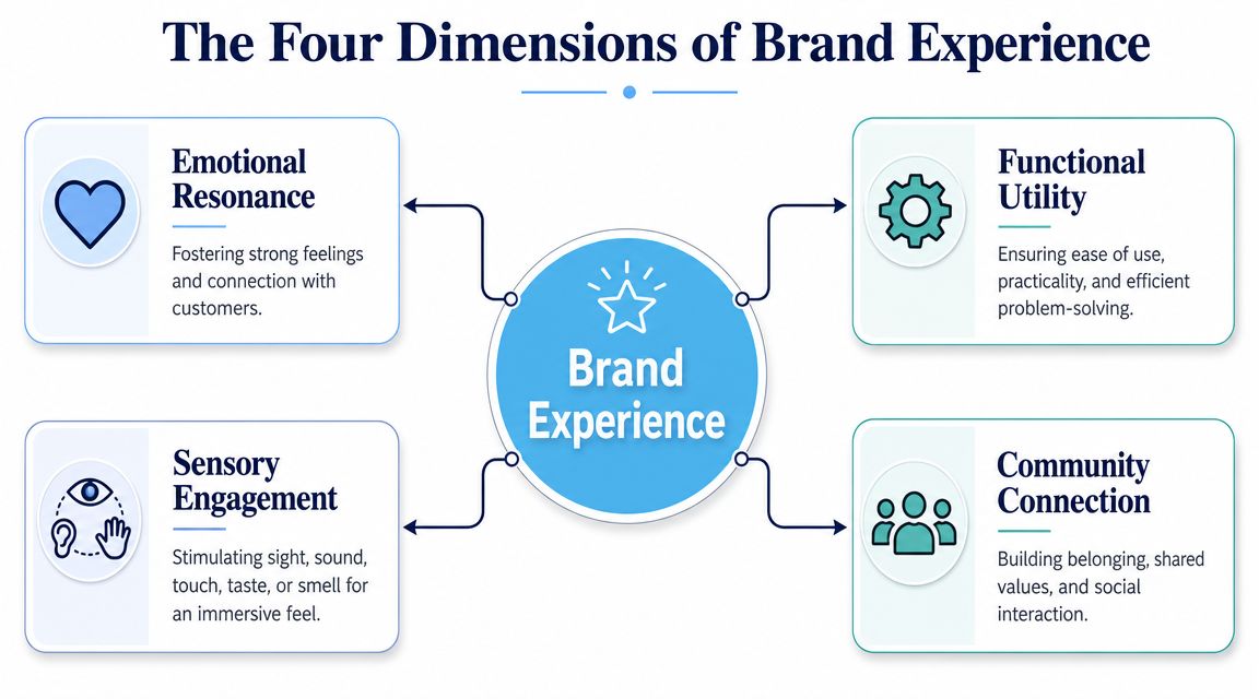 A diagram illustrating the four dimensions of brand experience: emotional resonance, functional utility, sensory engagement, and community connection.