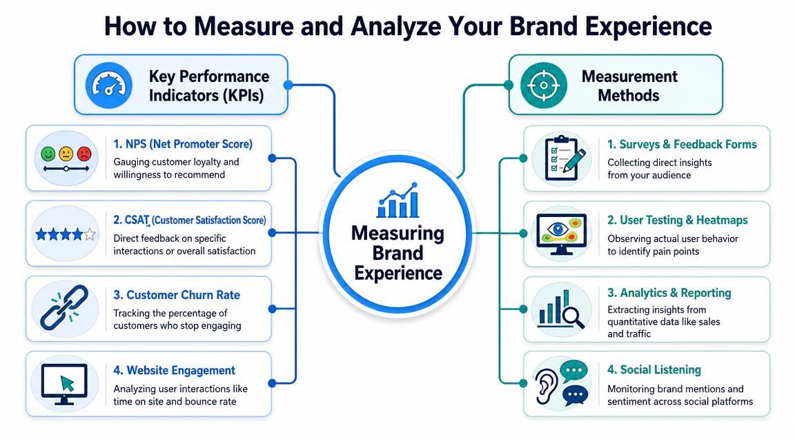 A diagram illustrating how to measure and analyze brand experience through KPIs and various measurement methods.
