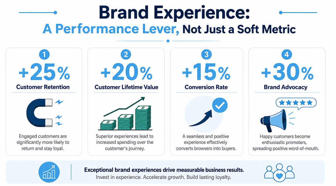 An infographic showing four key benefits of brand experience including customer retention, lifetime value, conversion, and advocacy.