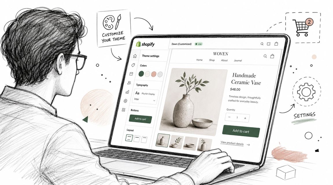 A sketched illustration of a person designing a product page on a Shopify laptop interface.