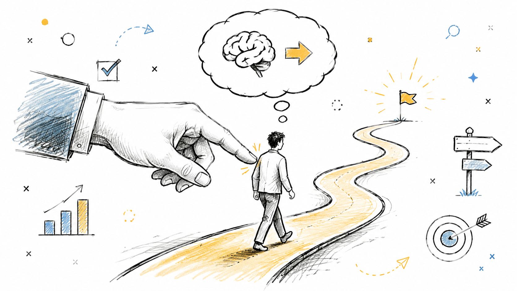 A large hand nudges a person walking on a path towards a goal, symbolizing choice architecture.