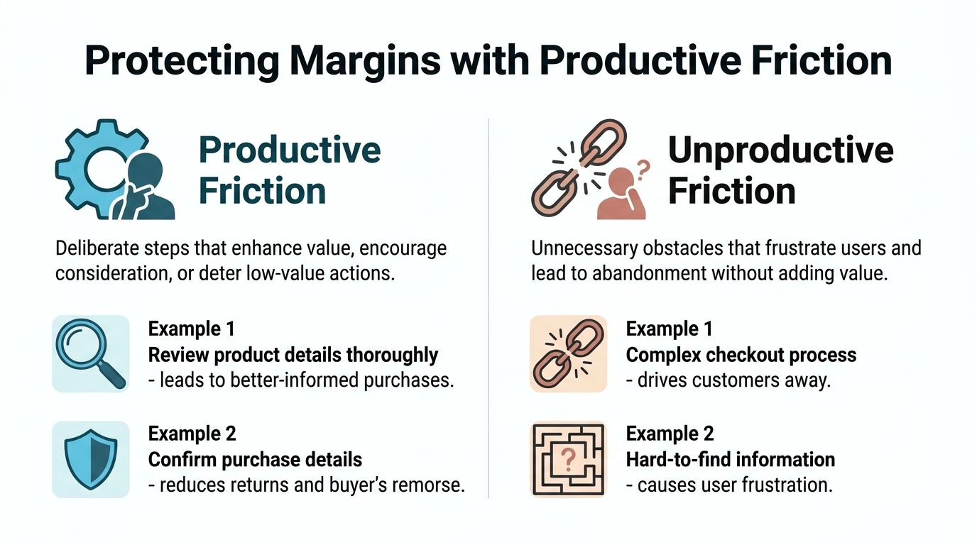 A comparison chart explaining the difference between productive friction and unproductive friction in user experience design.