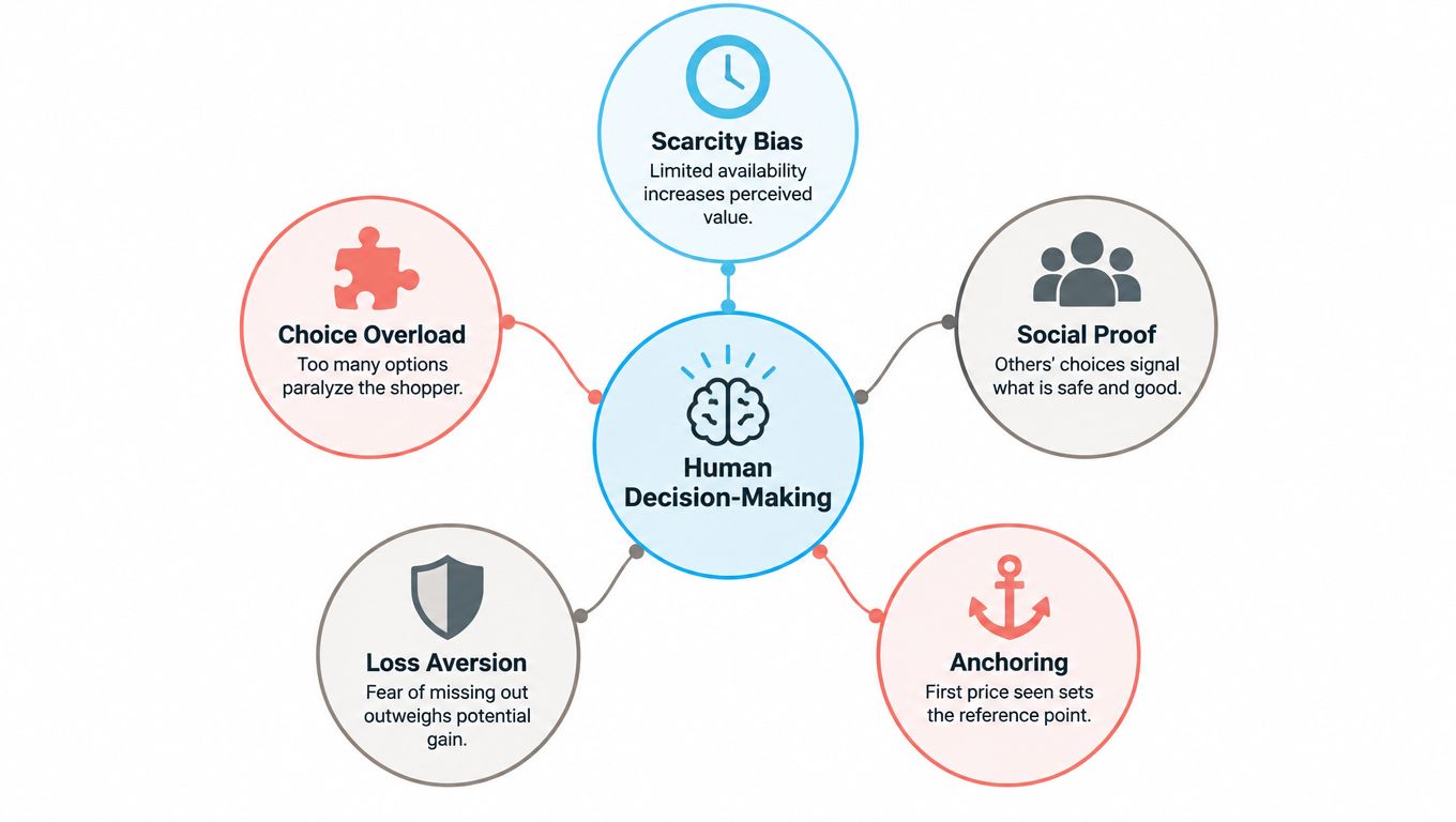 A diagram illustrating five cognitive biases affecting human decision-making, including choice overload, scarcity, and loss aversion.