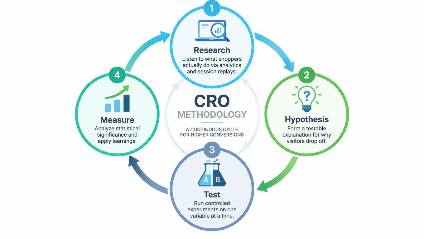 A circular diagram illustrating the four steps of the CRO methodology for increasing conversion rates.