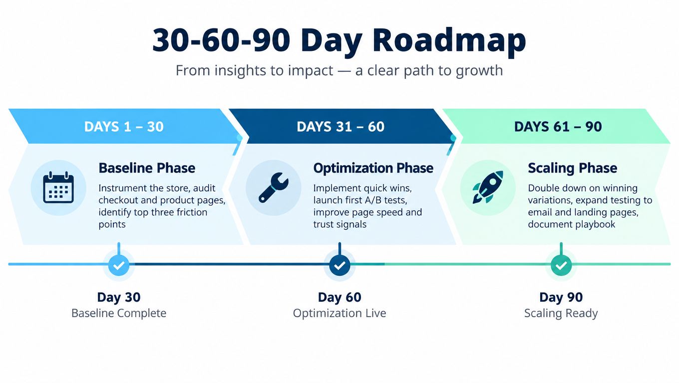 A 30-60-90 day business roadmap illustration showing the baseline, optimization, and scaling phases for growth.