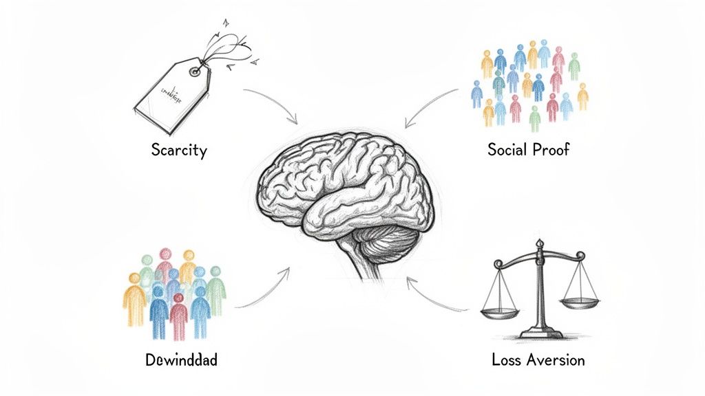 Diagram showing a brain connected to Scarcity, Social Proof, Dewinddad, and Loss Aversion.
