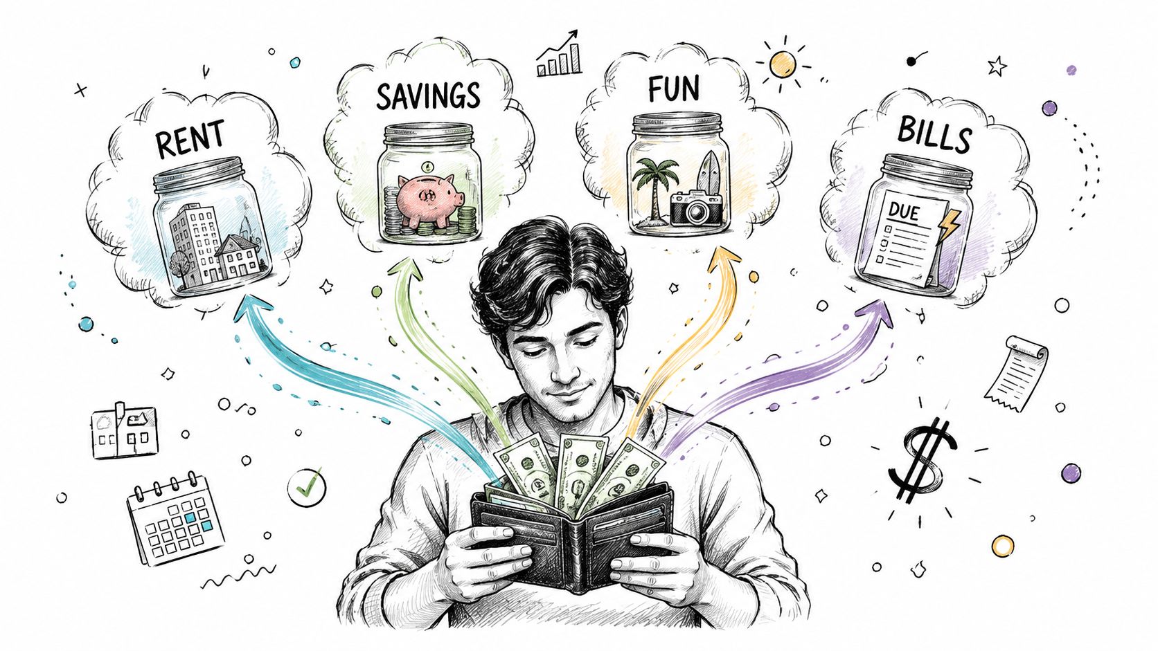 A young man organizing his money into different categories like rent, savings, fun, and bills via jars.
