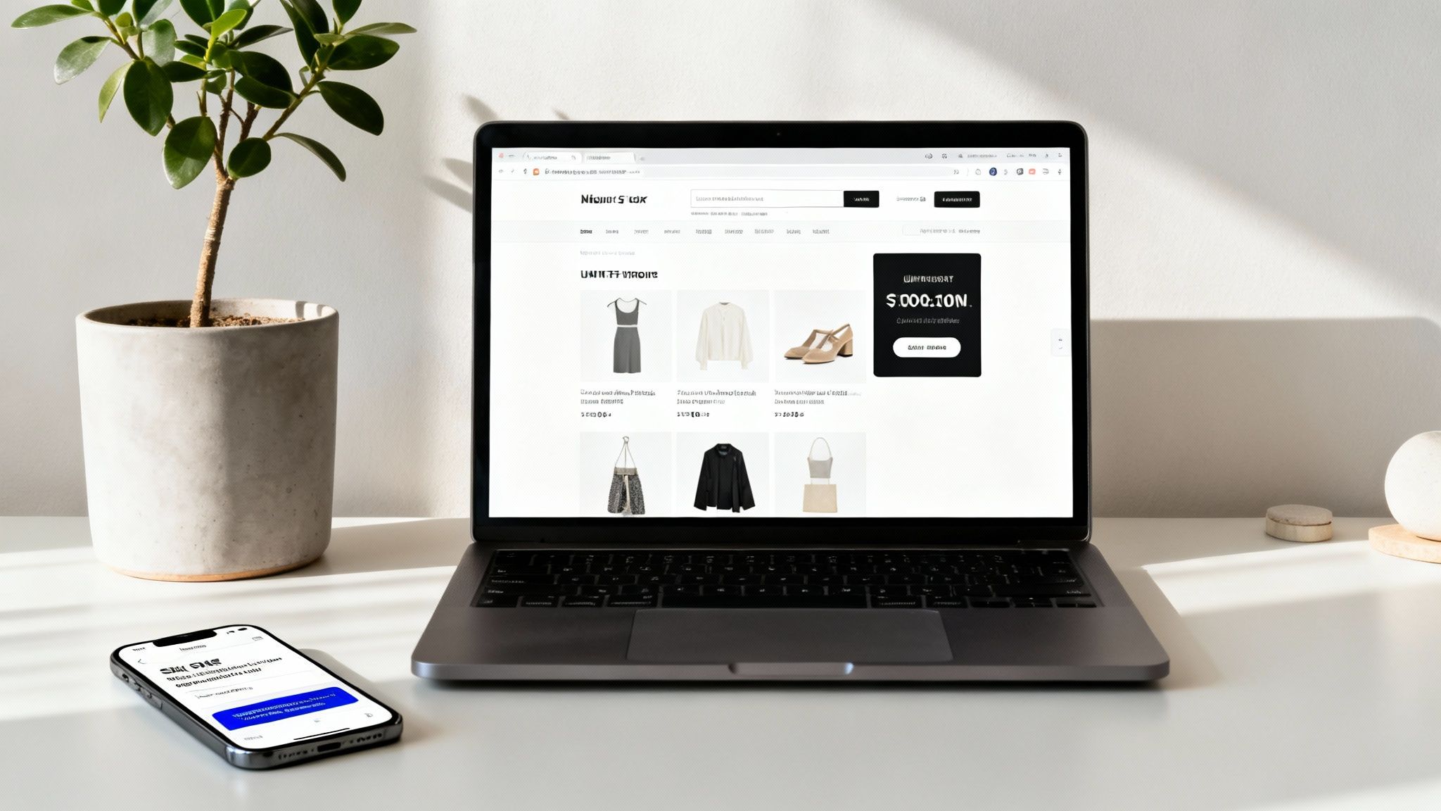 A person sitting in front of a laptop with Shopify's interface on the screen, surrounded by charts showing upward trends in sales and customer engagement, illustrating the successful implementation of marketing strategies.