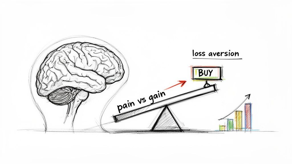 Sketch of brain, seesaw 'pain vs gain', 'BUY' button, 'loss aversion', and rising chart, illustrating decision-making.
