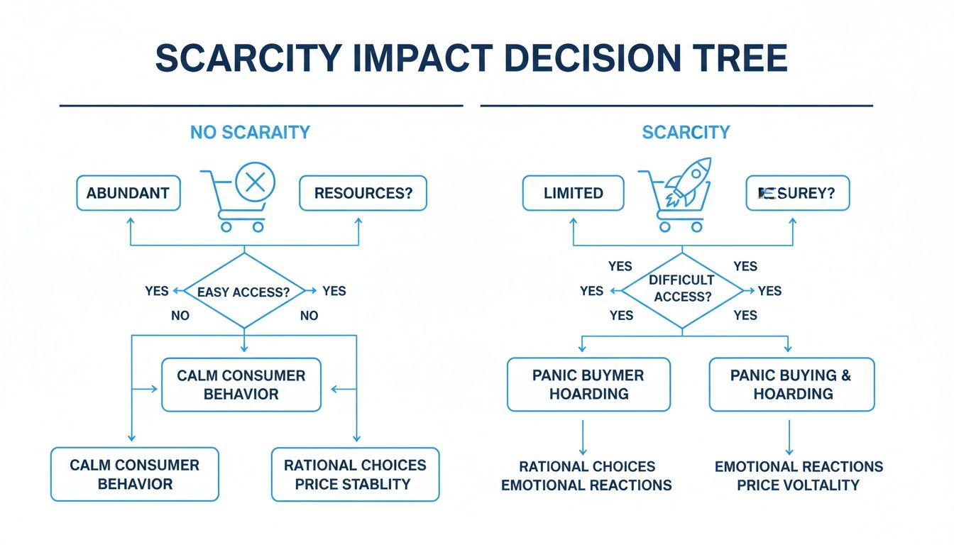 Flowchart illustrating the Scarcity Impact Decision Tree, showing consumer behavior and market outcomes under scarcity vs. no scarcity conditions.