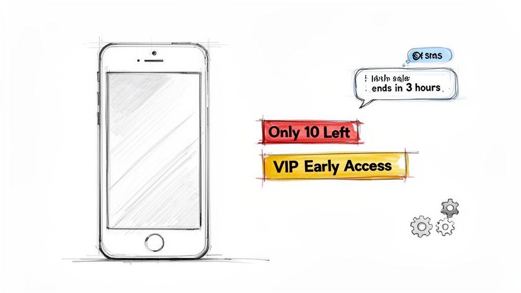 Sketch of an iPhone with marketing messages showing urgency and scarcity: 'Flash sale ends in 3 hours,' 'Only 10 Left'.