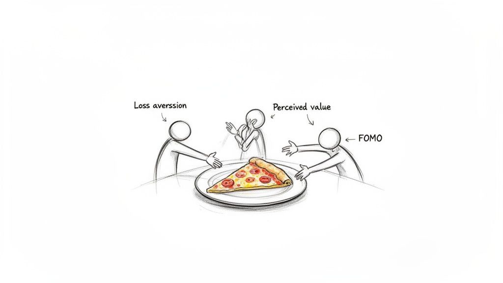 Illustration of three stick figures reaching for a pizza slice, representing loss aversion, perceived value, and FOMO.