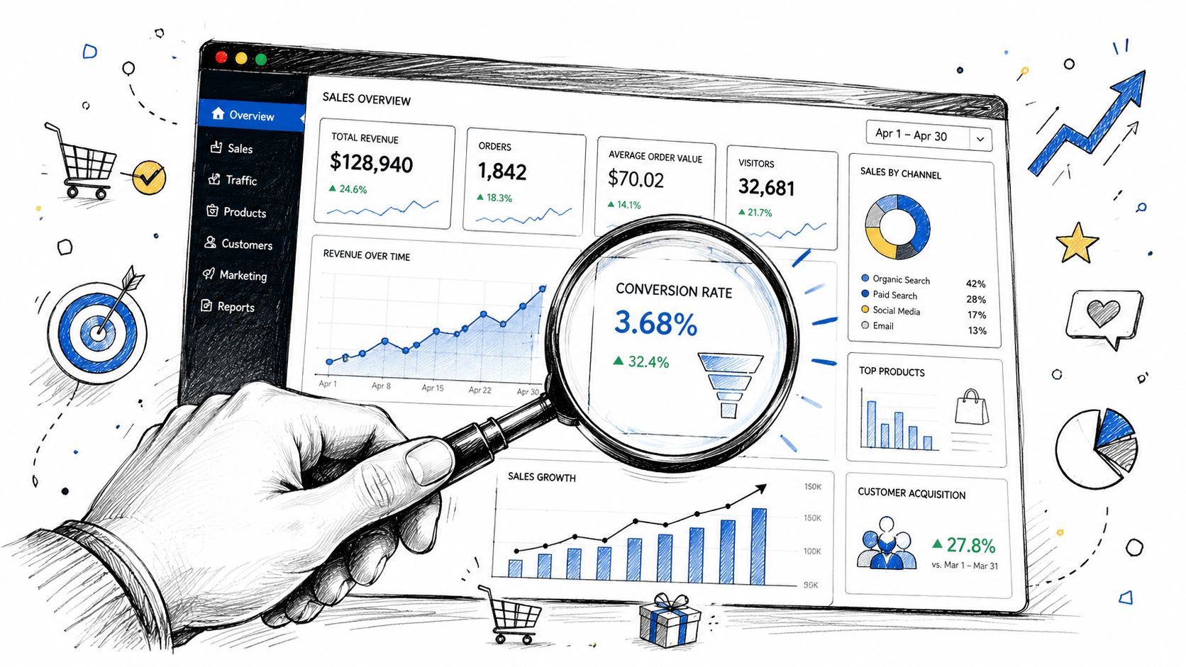 A hand holding a magnifying glass over a sales overview digital marketing dashboard illustration.