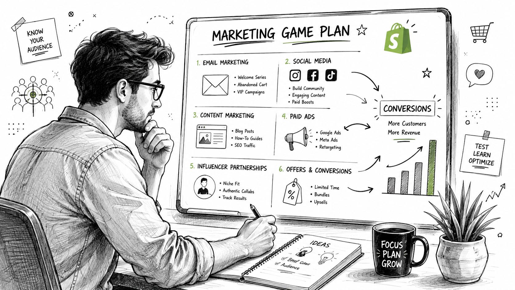 A man thoughtfully analyzing a comprehensive marketing strategy whiteboard containing six key digital growth business tactics.