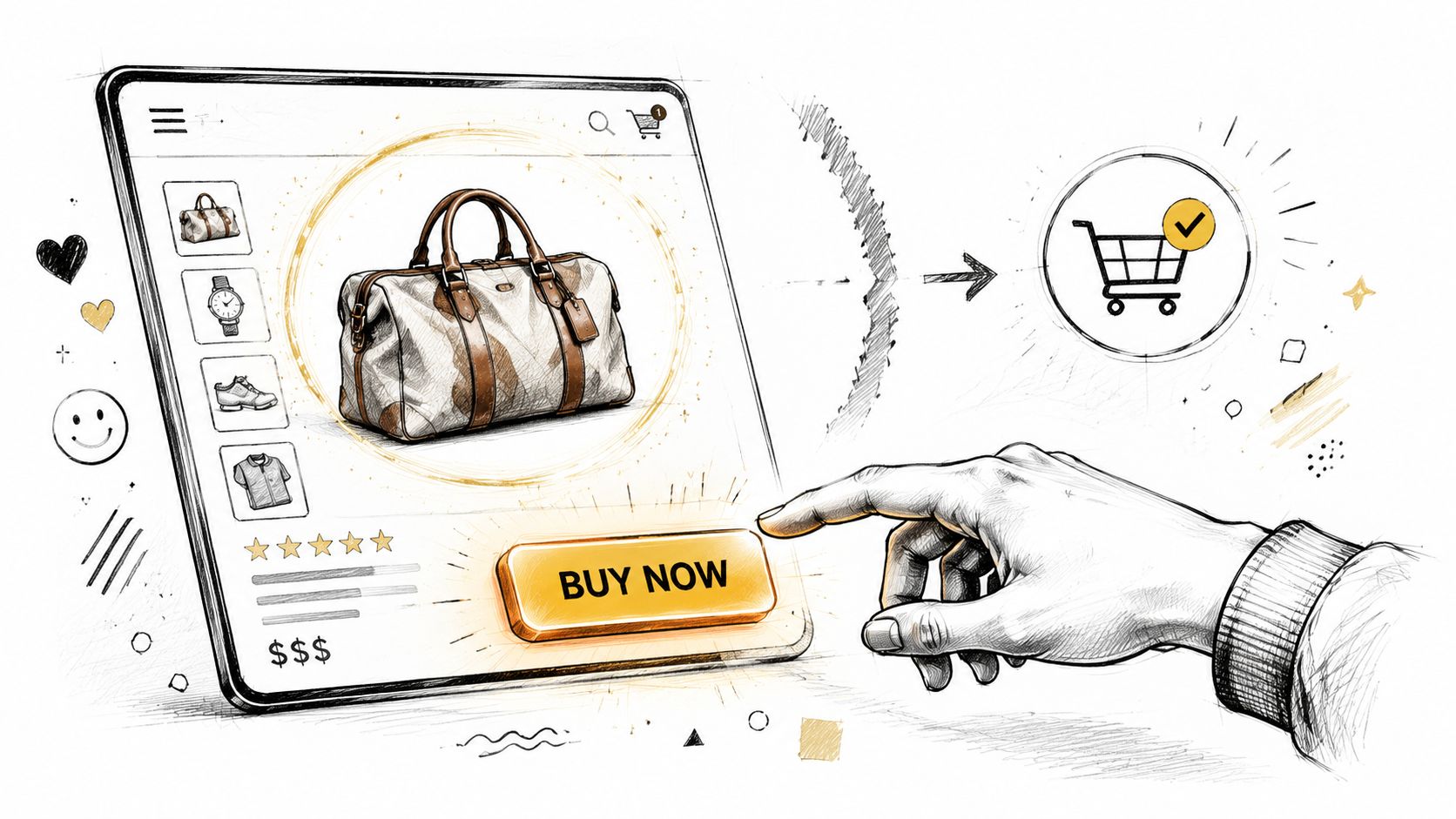 A hand touches a buy now button on a digital tablet displaying an online shopping interface.